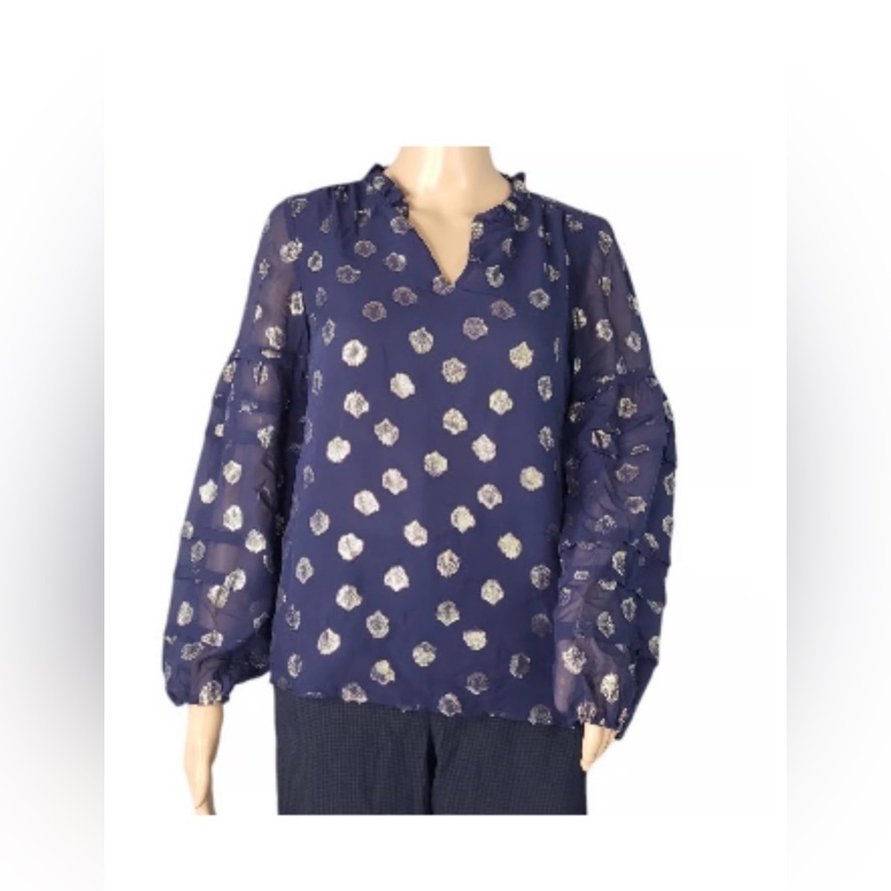 Lilly Pulitzer Navy Gold Metallic Blouse XXS Ruffle Sleeve